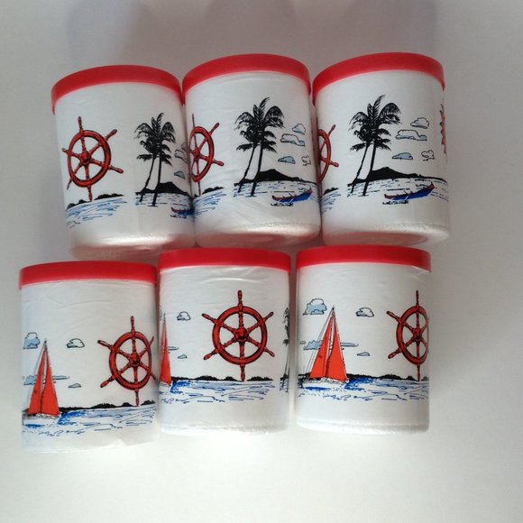 Lot of 6 Vintage Styrofoam Beer Pop Can Cooler Koozie Nautical Sailing Beach Sun - Picture 2 of 14